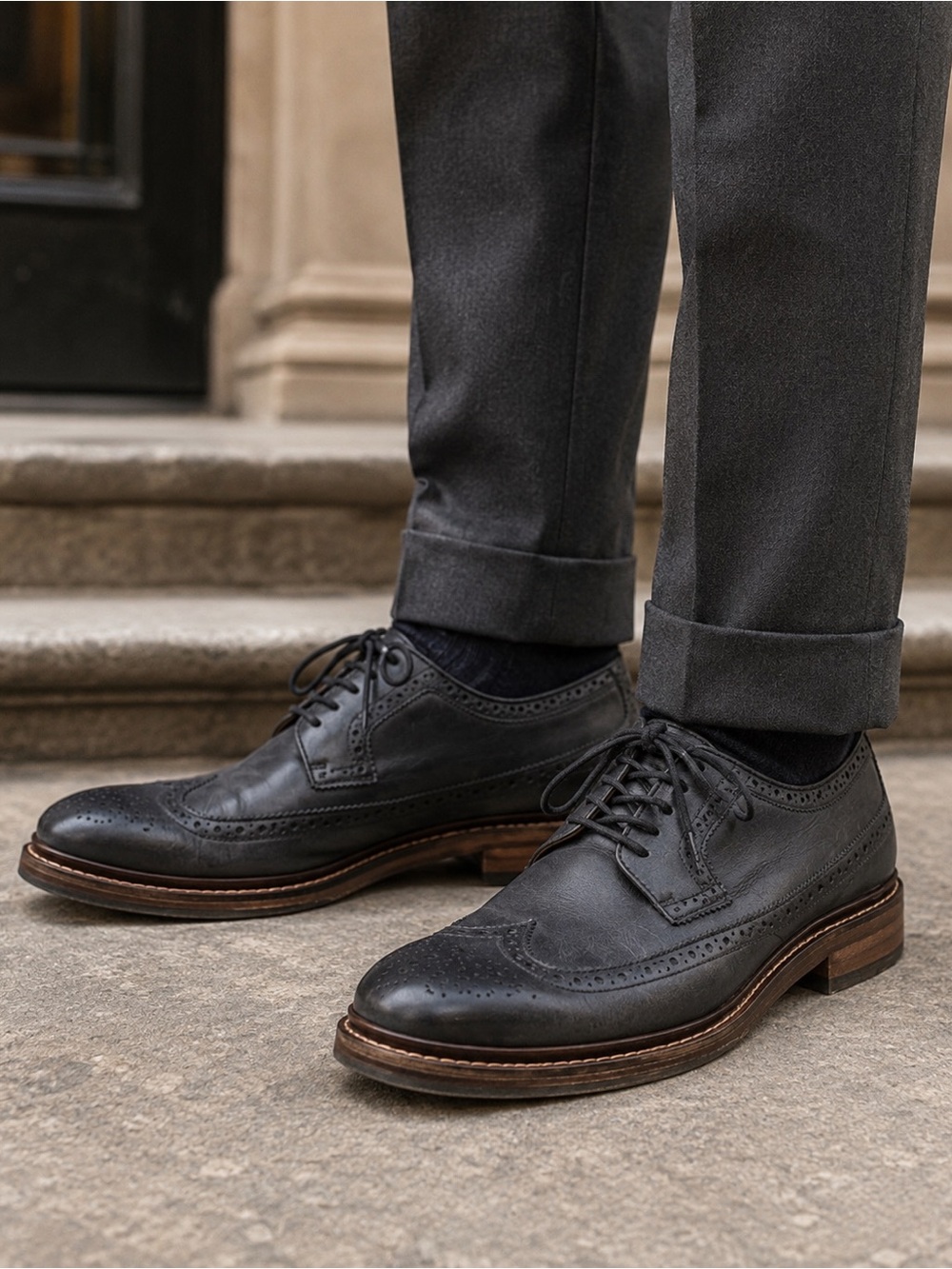 Cole Haan Men's Gray Black Leather Wingtip Derby Dress Shoes 10